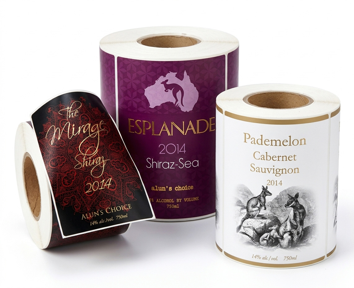 Three wine label rolls — Mirage Shiraz, Esplanade and Pademelon vintages