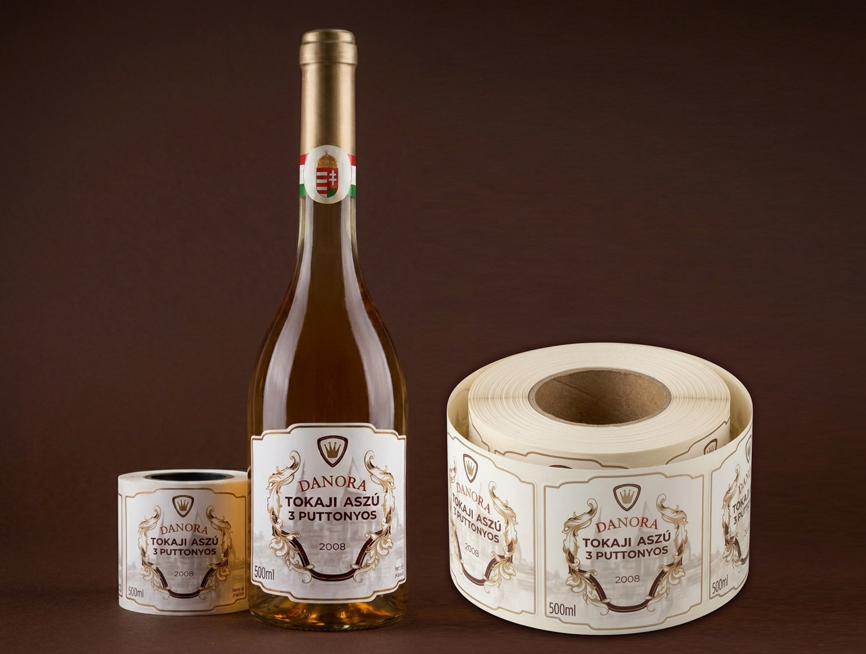 Danora Tokaji Aszú wine bottle with matching roll labels