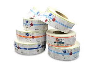 Stacked colourful beverage label rolls